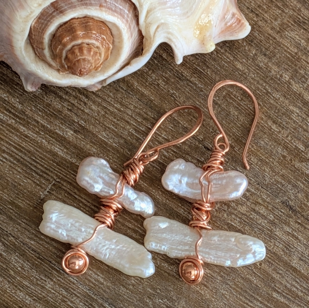Biwa Pearl Earrings Artisan Copper Wrap Lightweight Coastal Style